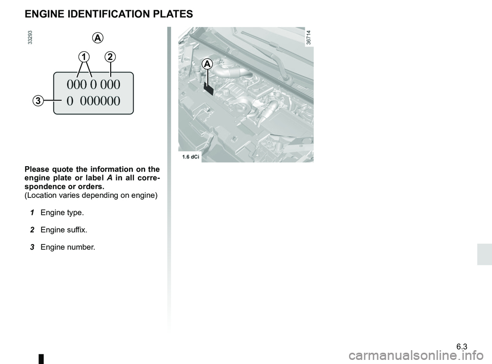 RENAULT TRAFIC 2018  Owners Manual 6.3
Please quote the information on the 
engine plate or label A  in all corre-
spondence or orders.
(Location varies depending on engine)
  1 Engine type.
  2 Engine suffix.
  3 Engine number.
ENGINE