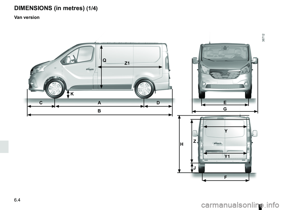 RENAULT TRAFIC 2018  Owners Manual 6.4
CA DB
DIMENSIONS (in metres) (1/4)
Van version
QZ1
E
G
F
H Z  Y
   Y1
J
K  