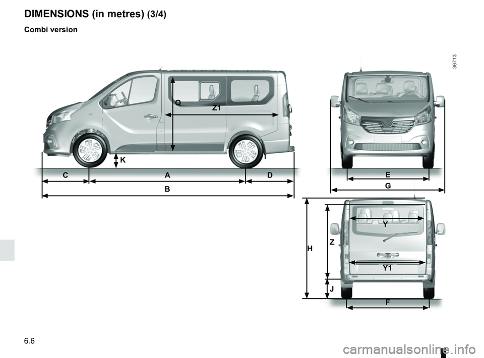 RENAULT TRAFIC 2018  Owners Manual 6.6
DIMENSIONS (in metres) (3/4)
Combi version
CA DB
QZ1
E
G
F
H Z  Y
   Y1
J
K  