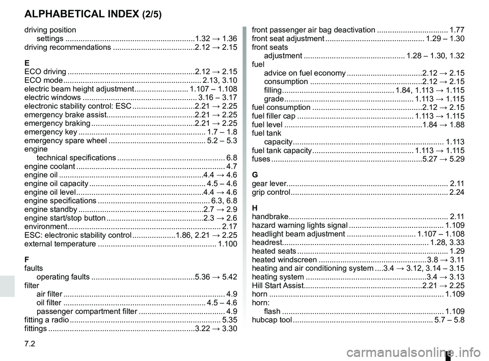 RENAULT TRAFIC 2018  Owners Manual 7.2
ALPHABETICAL INDEX (2/5)
driving positionsettings ............................................................1.32  → 1.36
driving recommendations ......................................2.12  →