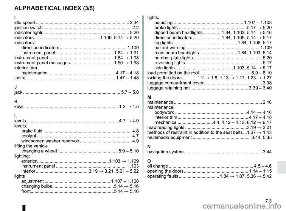 RENAULT TRAFIC 2018  Owners Manual 7.3
ALPHABETICAL INDEX (3/5)
I
idle speed ........................................................................\
.. 2.34
ignition switch ............................................................