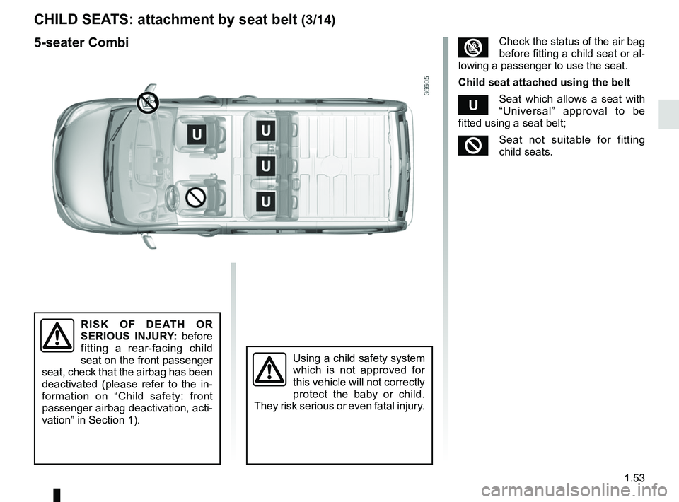 RENAULT TRAFIC 2018 Workshop Manual 1.53
CHILD SEATS: attachment by seat belt (3/14)
Using a child safety system 
which is not approved for 
this vehicle will not correctly 
protect the baby or child. 
They risk serious or even fatal in