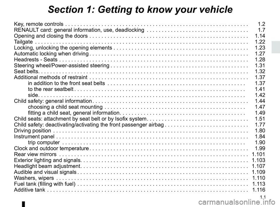 RENAULT TRAFIC 2018  Owners Manual 1.1
Section 1: Getting to know your vehicle
Key, remote controls  . . . . . . . . . . . . . . . . . . . . . . . . . . . . . . . . . . . .\
 . . . . . . . . . . . . . . . . . . . . . . . . .   1.2
RENA