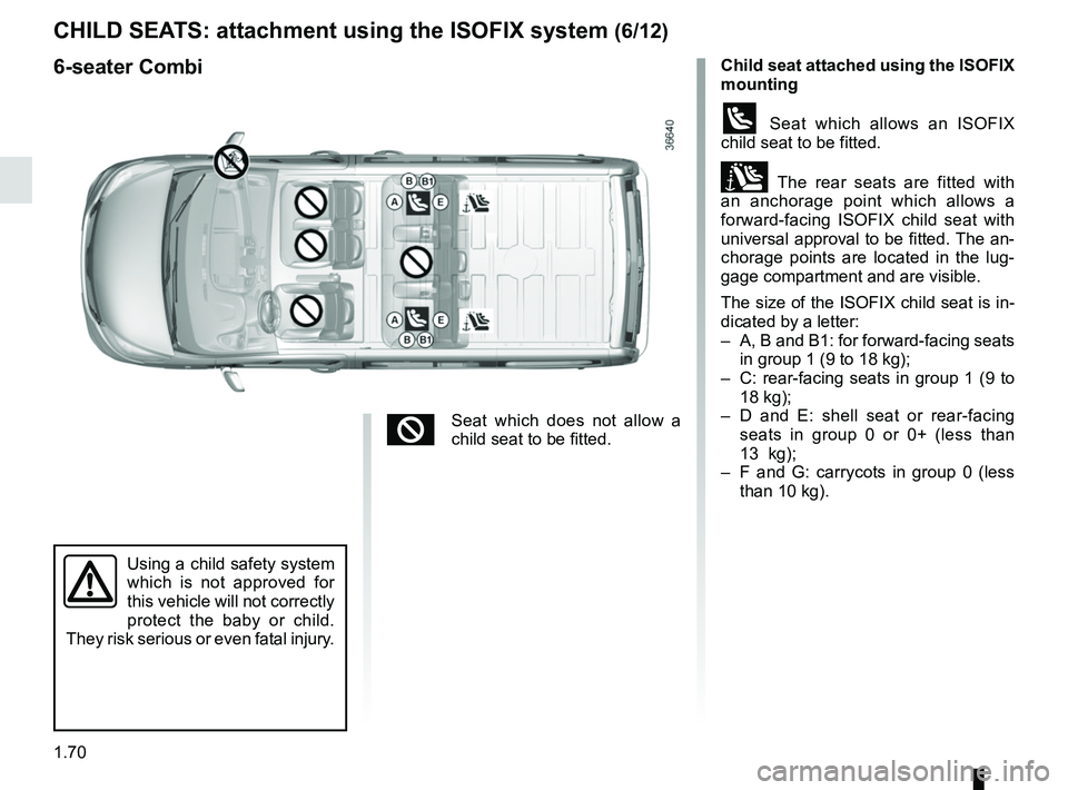 RENAULT TRAFIC 2018 Manual PDF 1.70
CHILD SEATS: attachment using the ISOFIX system (6/12)
Child seat attached using the ISOFIX  
mounting
ü Seat which allows an ISOFIX 
child seat to be fitted.
± The rear seats are fitted with 
