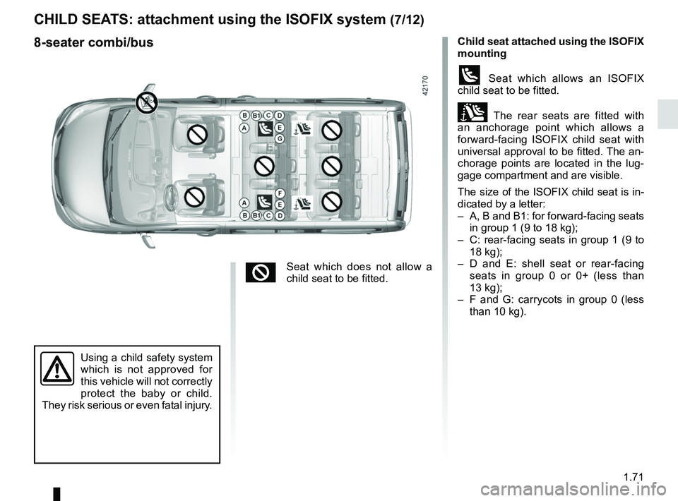 RENAULT TRAFIC 2018 Manual PDF 1.71
Child seat attached using the ISOFIX  
mounting
ü Seat which allows an ISOFIX 
child seat to be fitted.
± The rear seats are fitted with 
an anchorage point which allows a 
forward-facing ISOFI