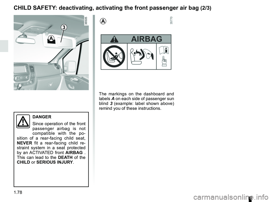 RENAULT TRAFIC 2018 Manual Online 1.78
3
DANGER
Since operation of the front 
passenger airbag is not 
compatible with the po-
sition of a rear-facing child seat, 
NEVER  fit a rear-facing child re-
straint system in a seat protected 