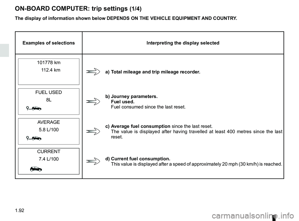 RENAULT TRAFIC 2018  Owners Manual 1.92
ON-BOARD COMPUTER: trip settings (1/4)
The display of information shown below DEPENDS ON THE VEHICLE EQUIPMENT \
AND COUNTRY.
Examples of selectionsInterpreting the display selected
101778 km
a) 