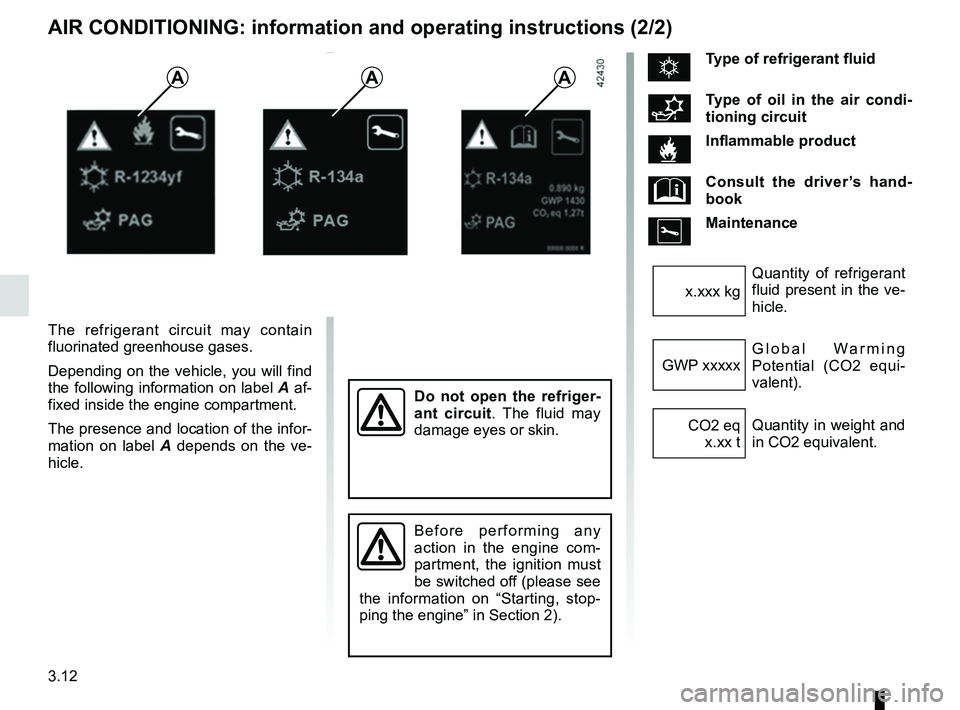 RENAULT TWINGO 2018  Owners Manual 3.12
AIR CONDITIONING: information and operating instructions (2/2)
The refrigerant circuit may contain 
fluorinated greenhouse gases.
Depending on the vehicle, you will find 
the following informatio