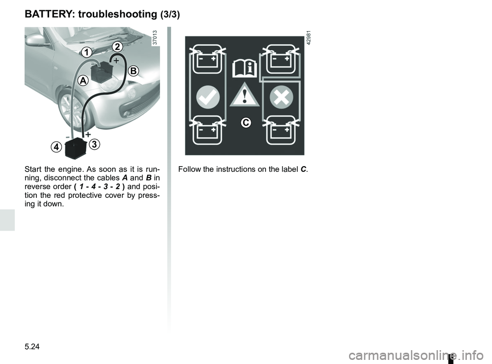 RENAULT TWINGO 2018 Owners Manual 5.24
Start the engine. As soon as it is run-
ning, disconnect the cables A and B in
reverse order ( 1 - 4 - 3 - 2 ) and posi-
tion the red protective cover by press-
ing it down.
BATTERY: troubl RENAULT TWINGO 2018 Owners Manual 5.24
Start the engine. As soon as it is run-
ning, disconnect the cables A and B in
reverse order ( 1 - 4 - 3 - 2 ) and posi-
tion the red protective cover by press-
ing it down.
BATTERY: troubl