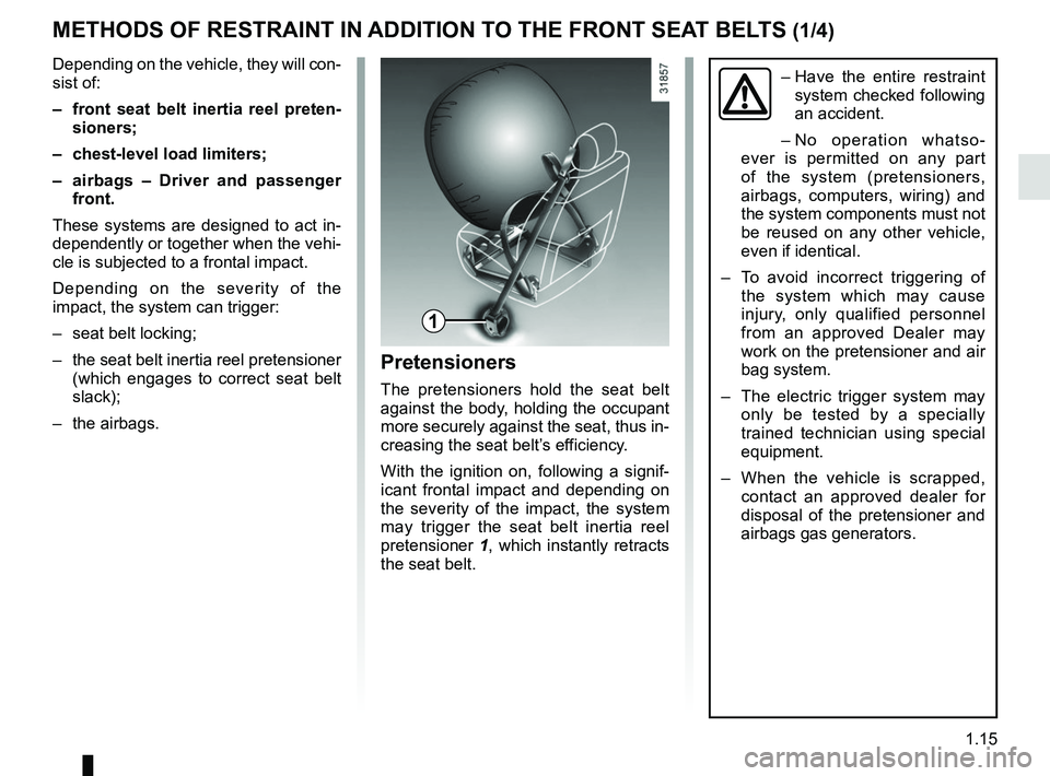 RENAULT TWINGO 2018 Owners Manual 1.15
METHODS OF RESTRAINT IN ADDITION TO THE FRONT SEAT BELTS (1/4)
1
– Have the entire restraint
system checked following
an accident.
– No operation whatso-
ever is permitted on any part
of RENAULT TWINGO 2018 Owners Manual 1.15
METHODS OF RESTRAINT IN ADDITION TO THE FRONT SEAT BELTS (1/4)
1
– Have the entire restraint
system checked following
an accident.
– No operation whatso-
ever is permitted on any part
of