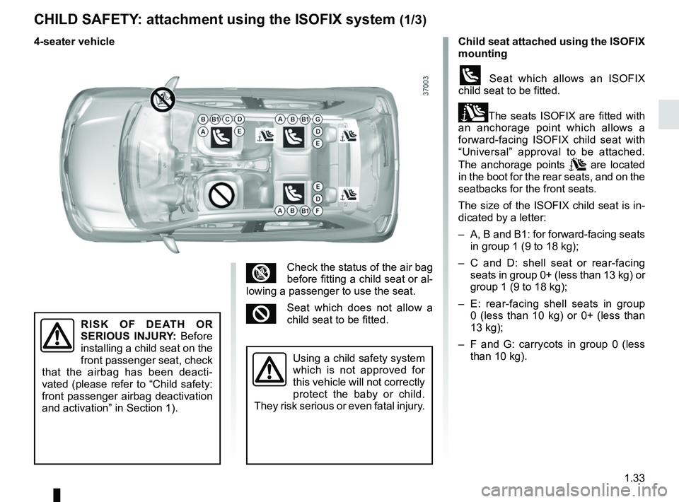 RENAULT TWINGO 2018 Owners Guide 1.33
CHILD SAFETY: attachment using the ISOFIX system (1/3)
RISK OF DEATH OR
SERIOUS INJURY: Before
installing a child seat on the
front passenger seat, check
that the airbag has been deacti-
vate RENAULT TWINGO 2018 Owners Guide 1.33
CHILD SAFETY: attachment using the ISOFIX system (1/3)
RISK OF DEATH OR
SERIOUS INJURY: Before
installing a child seat on the
front passenger seat, check
that the airbag has been deacti-
vate