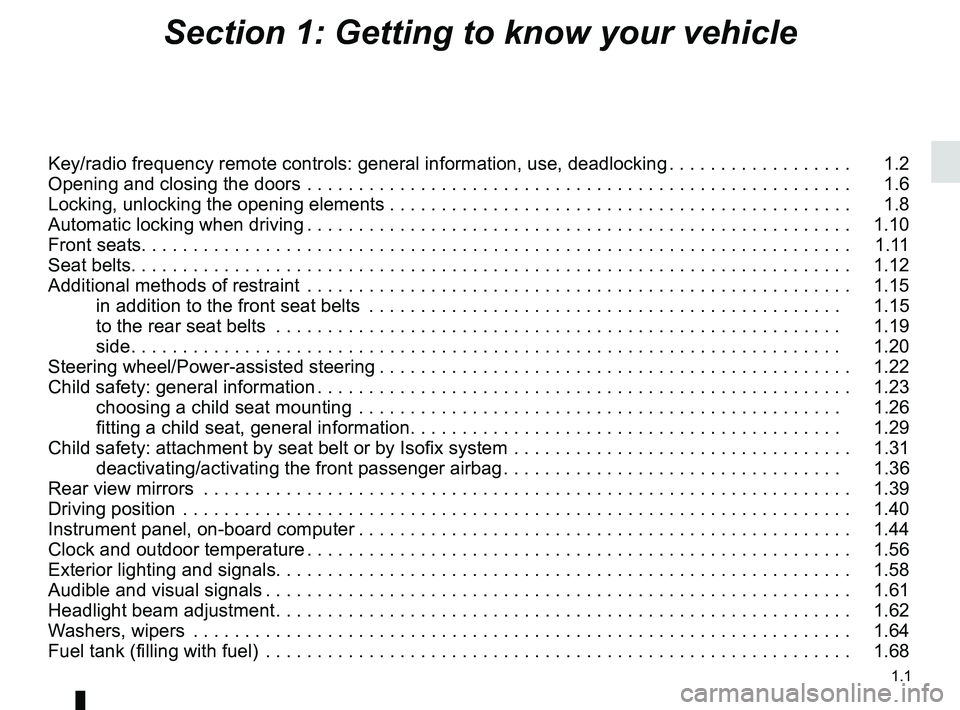 RENAULT TWINGO 2018  Owners Manual 1.1
Section 1: Getting to know your vehicle
Key/radio frequency remote controls: general information, use, deadlocki\
ng . . . . . . . . . . . . . . . . . .   1.2
Opening and closing the doors . . . .