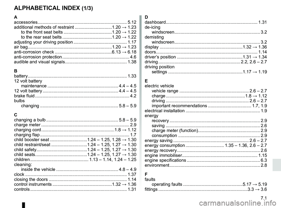 RENAULT TWIZY 2018 Owners Manual 7.1
ALPHABETICAL INDEX (1/3)
A
accessories........................................................................\
5.12
additional methods of restraint ..............................1.20 → 1.23
to RENAULT TWIZY 2018 Owners Manual 7.1
ALPHABETICAL INDEX (1/3)
A
accessories........................................................................\
5.12
additional methods of restraint ..............................1.20 → 1.23
to
