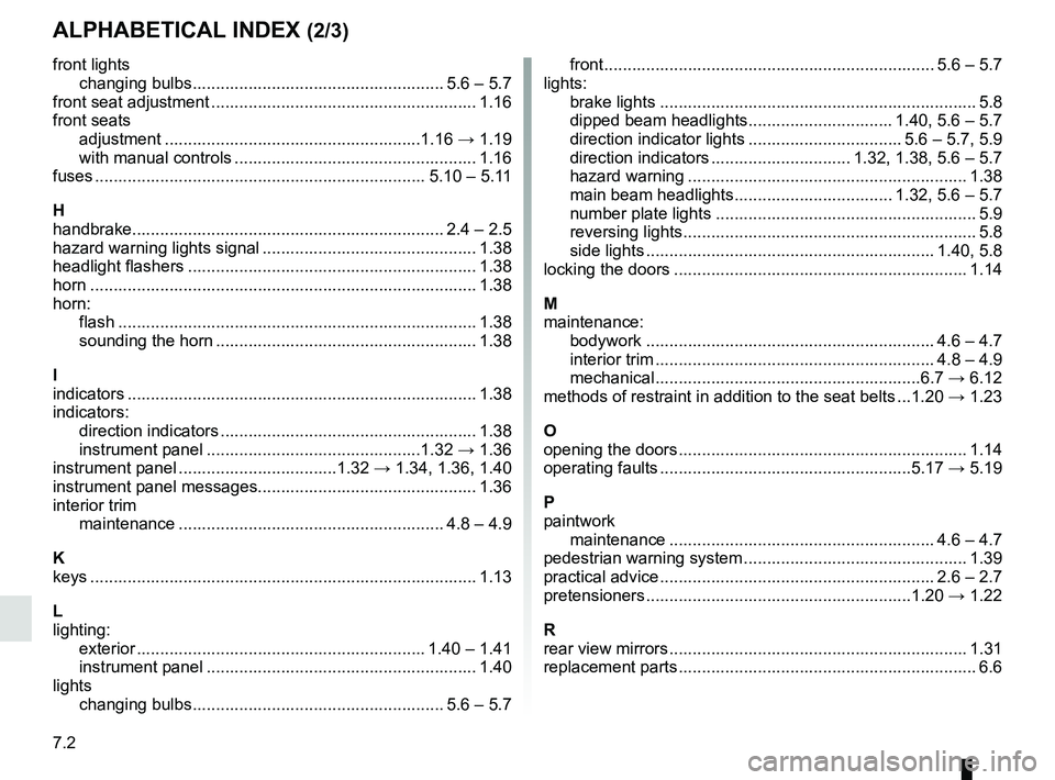 RENAULT TWIZY 2018 User Guide 7.2
ALPHABETICAL INDEX (2/3)
front lightschanging bulbs ...................................................... 5.6 – 5.7
front seat adjustment ....................................................... RENAULT TWIZY 2018 User Guide 7.2
ALPHABETICAL INDEX (2/3)
front lightschanging bulbs ...................................................... 5.6 – 5.7
front seat adjustment .......................................................