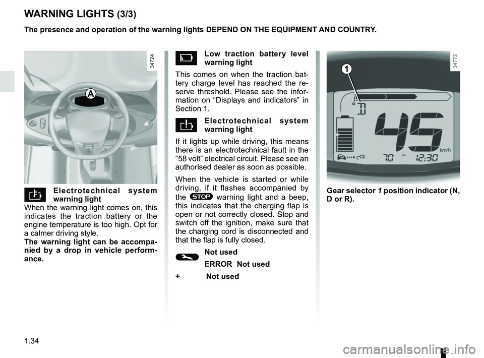 RENAULT TWIZY 2018 Owners Guide 1.34
\bLow traction battery level
warning light
This comes on when the traction bat-
tery charge level has reached the re-
serve threshold. Please see the infor-
mation on “Displays and indicators RENAULT TWIZY 2018 Owners Guide 1.34
\bLow traction battery level
warning light
This comes on when the traction bat-
tery charge level has reached the re-
serve threshold. Please see the infor-
mation on “Displays and indicators