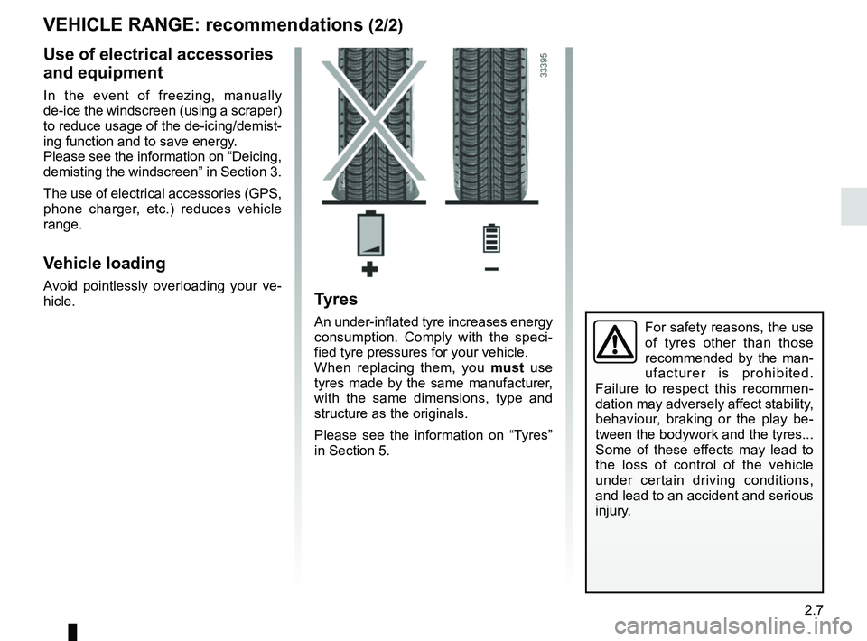 RENAULT TWIZY 2018 Owners Manual 2.7
VEHICLE RANGE: recommendations (2/2)
Tyres
An under-inflated tyre increases energy
consumption. Comply with the speci-
fied tyre pressures for your vehicle.
When replacing them, you must use
tyr RENAULT TWIZY 2018 Owners Manual 2.7
VEHICLE RANGE: recommendations (2/2)
Tyres
An under-inflated tyre increases energy
consumption. Comply with the speci-
fied tyre pressures for your vehicle.
When replacing them, you must use
tyr