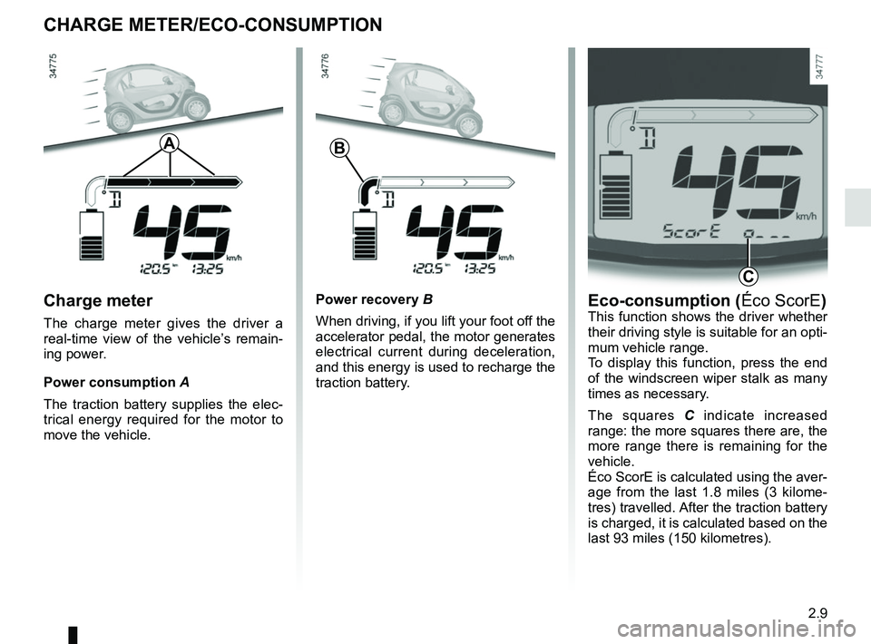 RENAULT TWIZY 2018 Workshop Manual 2.9
CHARGE METER/ECO-CONSUMPTION
Eco-consumption (Éco ScorE)This function shows the driver whether 
their driving style is suitable for an opti-
mum vehicle range.
To display this function, press the