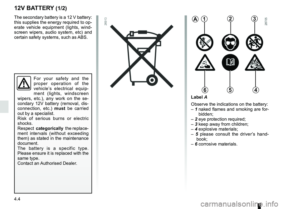 RENAULT TWIZY 2018 Repair Manual 4.4
12V BATTERY (1/2)
The secondary battery is a 12 V battery:
this supplies the energy required to op-
erate vehicle equipment (lights, wind-
screen wipers, audio system, etc) and
certain safety sy RENAULT TWIZY 2018 Repair Manual 4.4
12V BATTERY (1/2)
The secondary battery is a 12 V battery:
this supplies the energy required to op-
erate vehicle equipment (lights, wind-
screen wipers, audio system, etc) and
certain safety sy