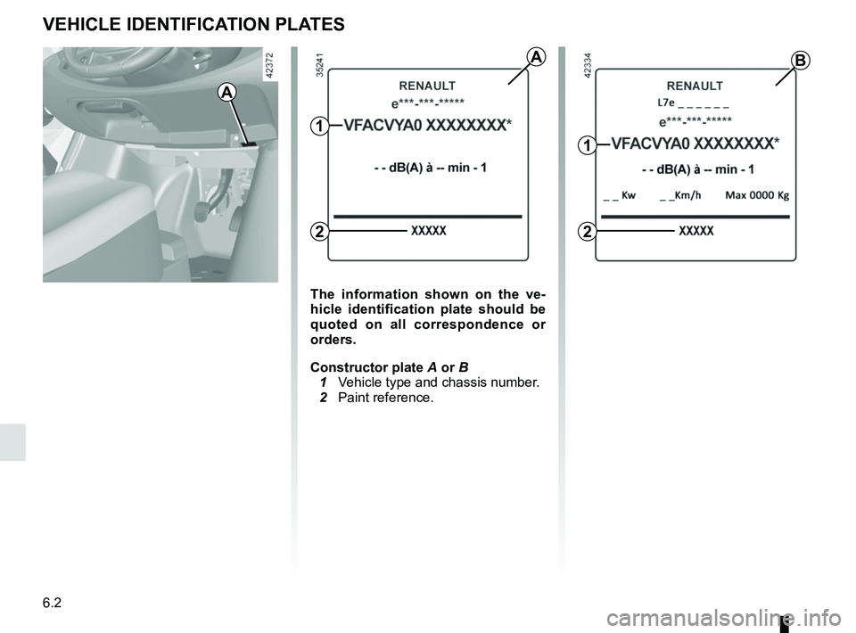 RENAULT TWIZY 2018  Owners Manual 6.2
VEHICLE IDENTIFICATION PLATES
A
A
The information shown on the ve-
hicle identification plate should be 
quoted on all correspondence or 
orders.
Constructor plate A or B
 1  Vehicle type and chas