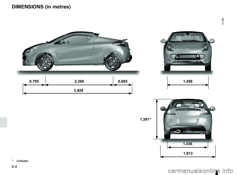 RENAULT WIND ROADSTER 2012 Owners Manual technical specifications ......................... (up to the end of the DU)
dimensions ........................................... (up to the end of the DU)
6.4
ENG_UD11242_1
Dimensions (en mètre) RENAULT WIND ROADSTER 2012 Owners Manual technical specifications ......................... (up to the end of the DU)
dimensions ........................................... (up to the end of the DU)
6.4
ENG_UD11242_1
Dimensions (en mètre)