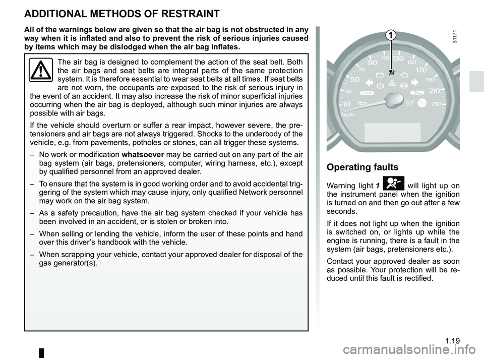 RENAULT WIND ROADSTER 2012  Owners Manual air bag................................................... (up to the end of the DU)
methods of restraint in addition to the seat belts  
(up to the end of the DU)
additional methods of restraint  ...