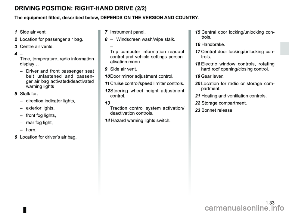 RENAULT WIND ROADSTER 2012 Owners Guide JauneNoirNoir texte
1.33
ENG_UD11169_1
Poste de conduite direction à droite (E33 - X33 - Renault)
ENG_NU_865-6_E33_Renault_1
DRIVING pOSITION: RIGHT -HAND DRIVE (2/2)
The equipment fitted, described RENAULT WIND ROADSTER 2012 Owners Guide JauneNoirNoir texte
1.33
ENG_UD11169_1
Poste de conduite direction à droite (E33 - X33 - Renault)
ENG_NU_865-6_E33_Renault_1
DRIVING pOSITION: RIGHT -HAND DRIVE (2/2)
The equipment fitted, described