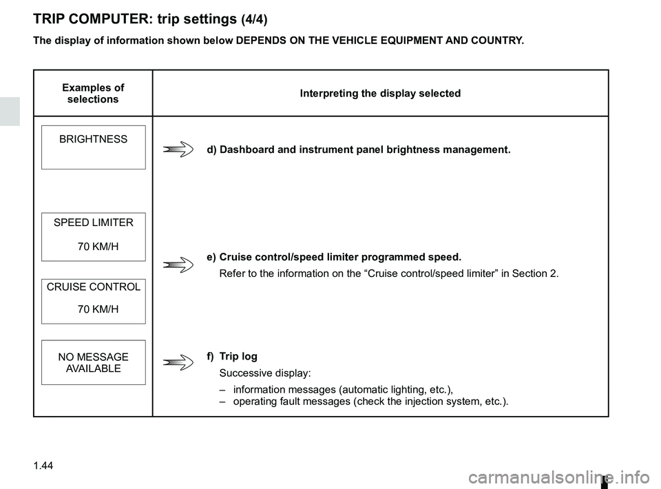 RENAULT WIND ROADSTER 2012 Service Manual 1.44
ENG_UD25519_2
Ordinateur de bord : paramètres de voyage (E33 - X33 - Renault)
ENG_NU_865-6_E33_Renault_1
TRIp COMpUTER: trip settings (4/4)
Examples of
selections Interpreting the display sel RENAULT WIND ROADSTER 2012 Service Manual 1.44
ENG_UD25519_2
Ordinateur de bord : paramètres de voyage (E33 - X33 - Renault)
ENG_NU_865-6_E33_Renault_1
TRIp COMpUTER: trip settings (4/4)
Examples of
selections Interpreting the display sel