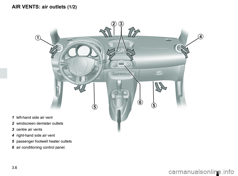 RENAULT WIND ROADSTER 2012 Manual Online air vents ................................................ (up to the end of the DU)
3.6
ENG_UD20477_2
Aérateurs (sorties d’air) (E33 - X33 - Renault)ENG_NU_865-6_E33_Renault_3
Jaune NoirNoir texte