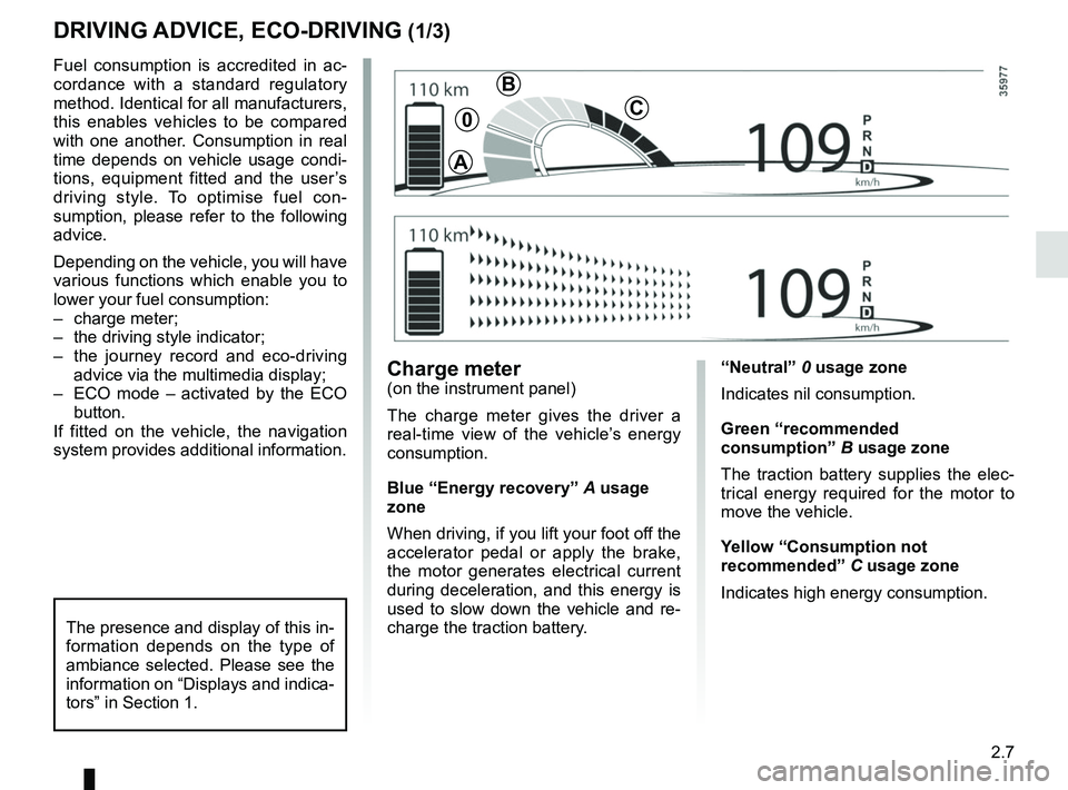 RENAULT ZOE 2018 Owners Manual 2.7
DRIVING ADVICE, ECO-DRIVING (1/3)
“Neutral” 0 usage zone
Indicates nil consumption.
Green “recommended
consumption” B usage zone
The traction battery supplies the elec-
trical energy requ RENAULT ZOE 2018 Owners Manual 2.7
DRIVING ADVICE, ECO-DRIVING (1/3)
“Neutral” 0 usage zone
Indicates nil consumption.
Green “recommended
consumption” B usage zone
The traction battery supplies the elec-
trical energy requ