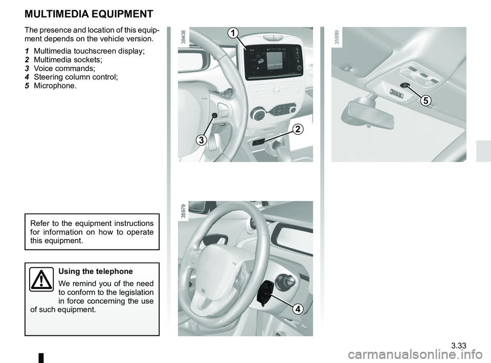 RENAULT ZOE 2018  Owners Manual 3.33
The presence and location of this equip-
ment depends on the vehicle version.
1  Multimedia touchscreen display;
2 Multimedia sockets;
3 Voice commands;
4  Steering column control;
5 Microphone.
