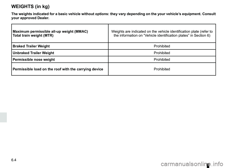 RENAULT ZOE 2018 Owners Manual 6.4
WEIGHTS (in kg)
The weights indicated for a basic vehicle without options: they vary dep\
ending on the your vehicle’s equipment. Consult
your approved Dealer.
Maximum permissible all-up weight RENAULT ZOE 2018 Owners Manual 6.4
WEIGHTS (in kg)
The weights indicated for a basic vehicle without options: they vary dep\
ending on the your vehicle’s equipment. Consult
your approved Dealer.
Maximum permissible all-up weight