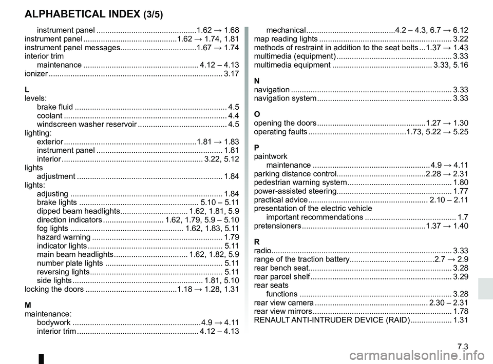 RENAULT ZOE 2018 Owners Manual 7.3
ALPHABETICAL INDEX (3/5)
instrument panel ..............................................1.62 → 1.68
instrument panel ...........................................1.62 → 1.74, 1.81
instrument pa RENAULT ZOE 2018 Owners Manual 7.3
ALPHABETICAL INDEX (3/5)
instrument panel ..............................................1.62 → 1.68
instrument panel ...........................................1.62 → 1.74, 1.81
instrument pa