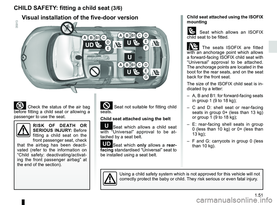 RENAULT ZOE 2018 Workshop Manual 1.51
² Seat not suitable for fitting child
seats.
Child seat attached using the belt
¬Seat which allows a child seat
with “Universal” approval to be at-
tached by a seat belt.
−Seat which on RENAULT ZOE 2018 Workshop Manual 1.51
² Seat not suitable for fitting child
seats.
Child seat attached using the belt
¬Seat which allows a child seat
with “Universal” approval to be at-
tached by a seat belt.
−Seat which on