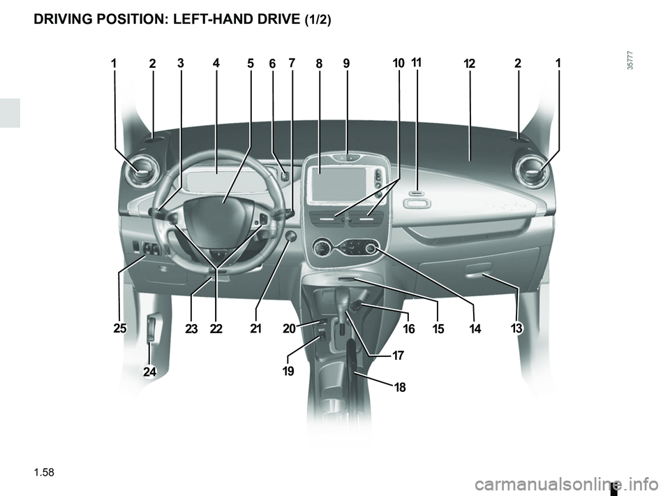 RENAULT ZOE 2018 Repair Manual 1.58
DRIVING POSITION: LEFT-HAND DRIVE (1/2)
1234571221
131416
19
15
18
21
24
23222520
89106
17
11 RENAULT ZOE 2018 Repair Manual 1.58
DRIVING POSITION: LEFT-HAND DRIVE (1/2)
1234571221
131416
19
15
18
21
24
23222520
89106
17
11