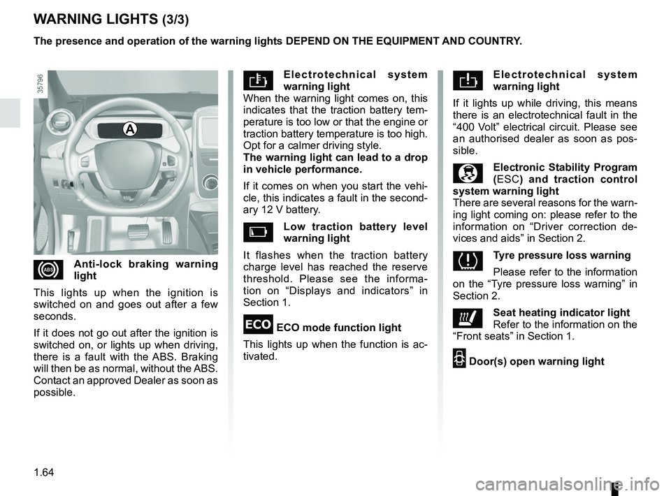 RENAULT ZOE 2018 Repair Manual 1.64
Electrotechnical system
warning light
When the warning light comes on, this
indicates that the traction battery tem-
perature is too low or that the engine or
traction battery temperature i RENAULT ZOE 2018 Repair Manual 1.64
Electrotechnical system
warning light
When the warning light comes on, this
indicates that the traction battery tem-
perature is too low or that the engine or
traction battery temperature i