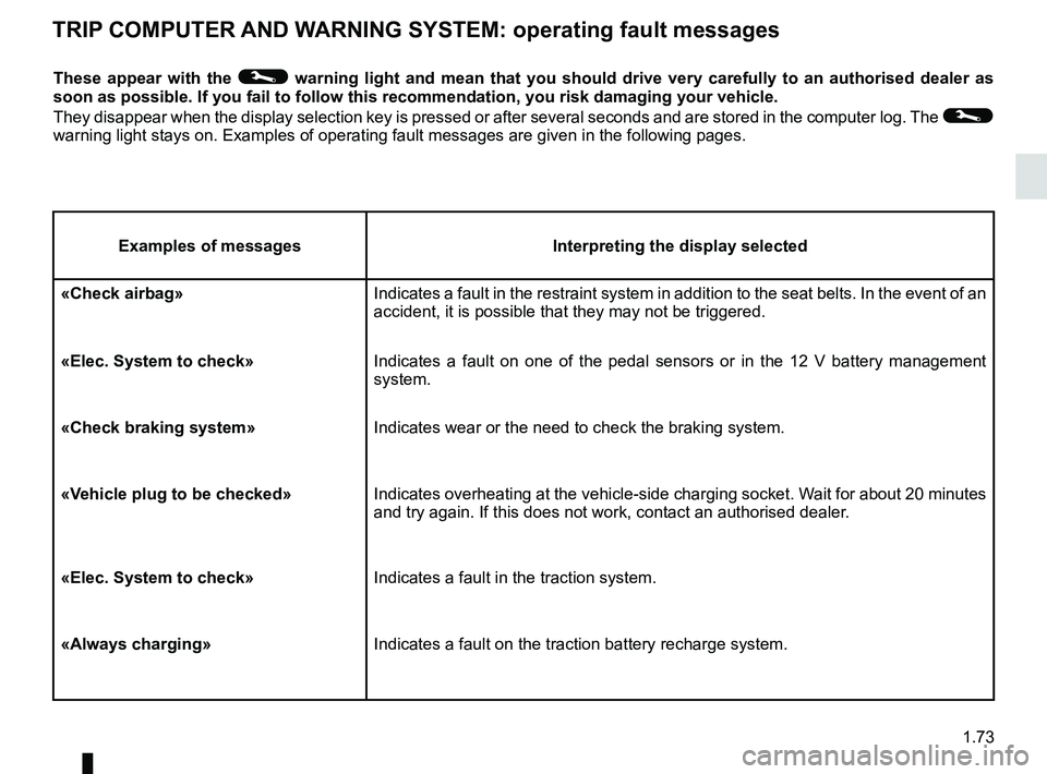 RENAULT ZOE 2018 Owners Manual 1.73
TRIP COMPUTER AND WARNING SYSTEM: operating fault messages
These appear with the © warning light and mean that you should drive very carefully to an author\
ised dealer as
soon as possible. If RENAULT ZOE 2018 Owners Manual 1.73
TRIP COMPUTER AND WARNING SYSTEM: operating fault messages
These appear with the © warning light and mean that you should drive very carefully to an author\
ised dealer as
soon as possible. If