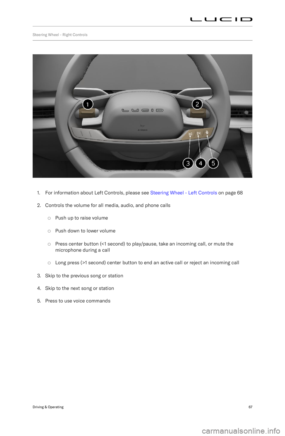 LUCID AIR 2022  Owners Manual Steering Wheel - Right Controls
1. For information about Left Controls, please see Steering Wheel - Left Controls on page 68
2. Controls the volume for all media, audio, and phone calls 