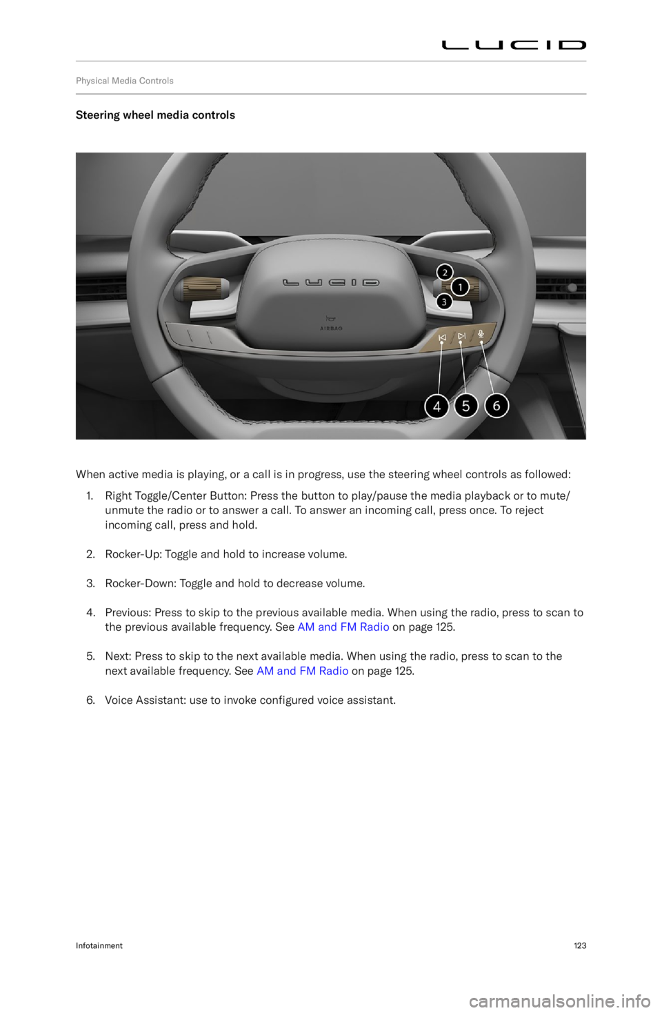 LUCID AIR 2023  Owners Manual Physical Media Controls
Steering wheel media controls
When active media is playing, or a call is in progress, use the steering wheel controls as followed:1. Right  Toggle/Center  Button: Press the but