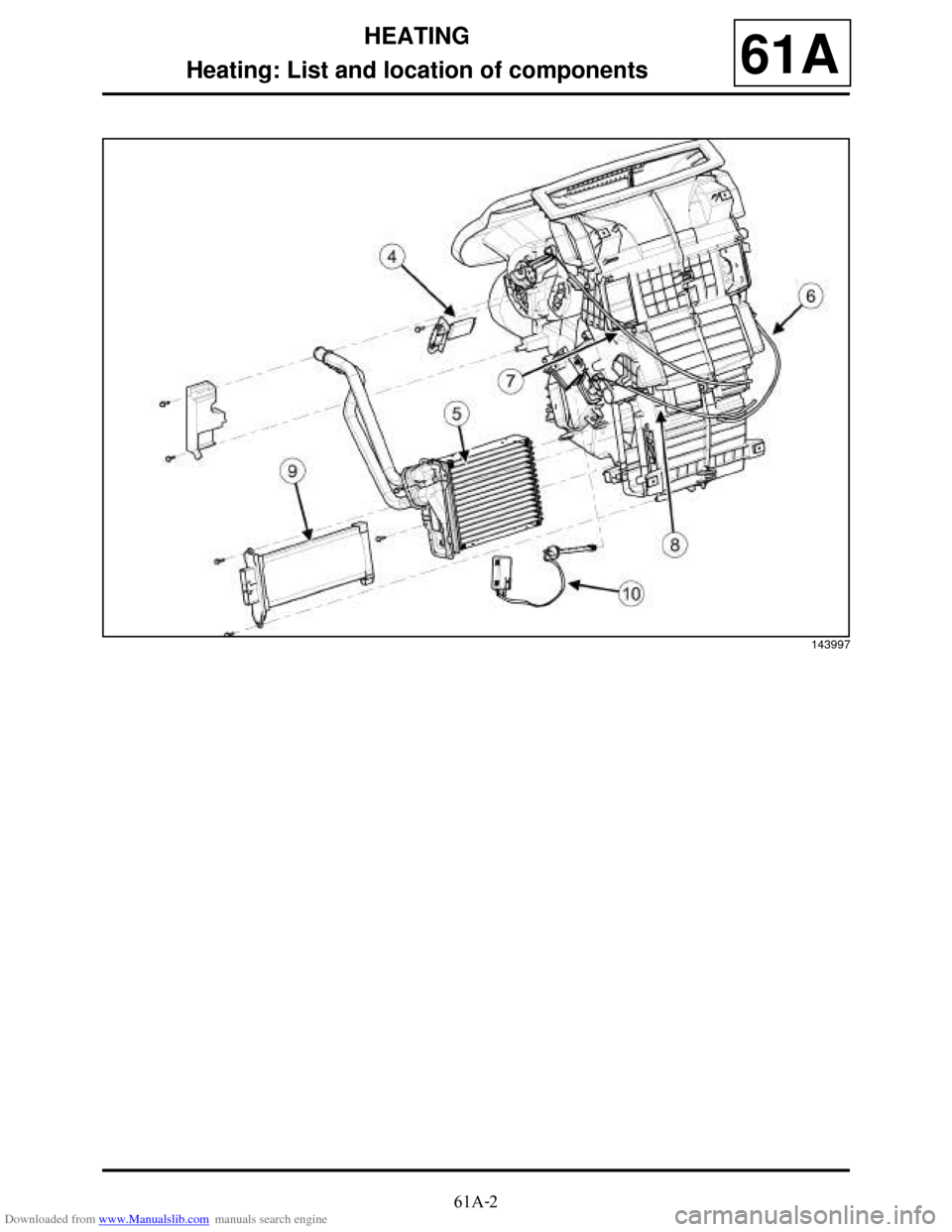 DACIA DUSTER 2009 1.G Heating And Air Conditioning Workshop Manual Downloaded from www.Manualslib.com manuals search engine 61A-2
HEATING
Heating: List and location of components
61A
143997  