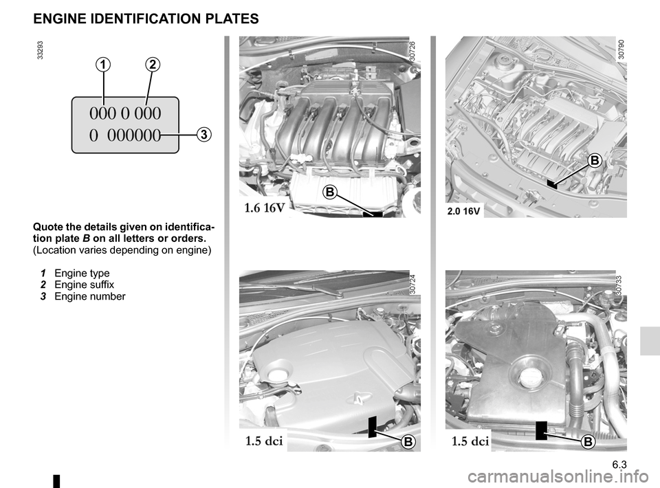 DACIA DUSTER 2010 1.G Owners Manual JauneNoirNoir texte
6.3
ENG_UD22553_4
Plaques d’identification moteur (H79 - Dacia)
ENG_NU_898-5_H79_Dacia_6
ENGINE IDENTIFICATION PLATES
Quote the details given on identifica-
tion plate  B on all 
