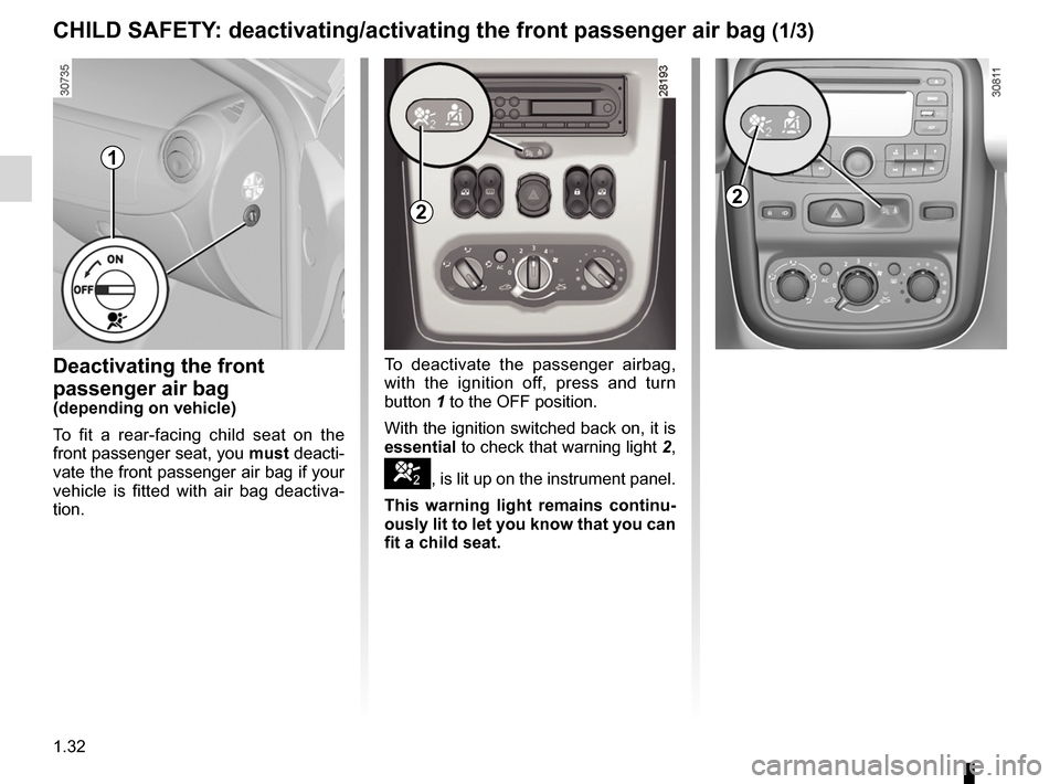 DACIA DUSTER 2010 1.G Owners Manual air bagdeactivating the front passenger air bags  ........ (current page)
front passenger air bag deactivation  ..................... (current page)
1.32
ENG_UD24342_3
Sécurité enfants : désactivat