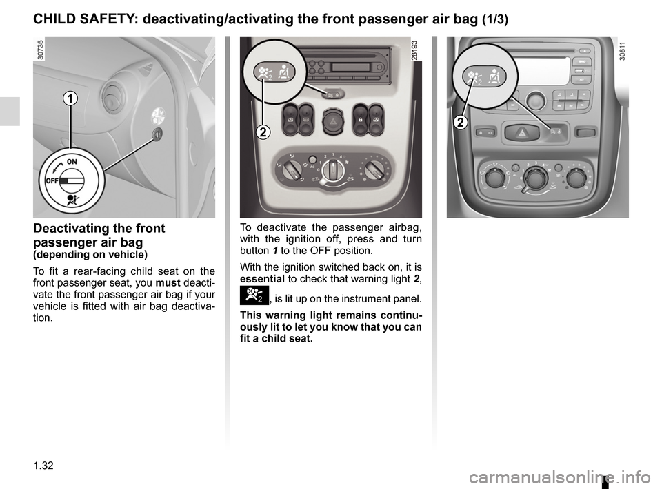 DACIA DUSTER 2010 1.G Owners Guide air bagdeactivating the front passenger air bags ........ (current page)
front passenger air bag deactivation ..................... (current page)
1.32
ENG_UD24342_3
Sécurité enfants : désactivat DACIA DUSTER 2010 1.G Owners Guide air bagdeactivating the front passenger air bags ........ (current page)
front passenger air bag deactivation ..................... (current page)
1.32
ENG_UD24342_3
Sécurité enfants : désactivat