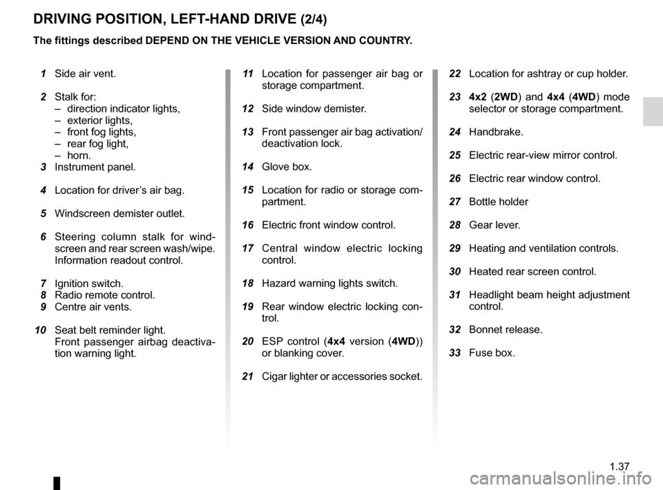 DACIA DUSTER 2010 1.G Service Manual JauneNoirNoir texte
1.37
ENG_UD24352_3
Poste de conduite direction à gauche (H79 - Dacia)
ENG_NU_898-5_H79_Dacia_1
DRIVING POSITION, LEFT-HAND DRIVE (2/4)
  1  Side air vent.
  2  Stalk for:
– dire