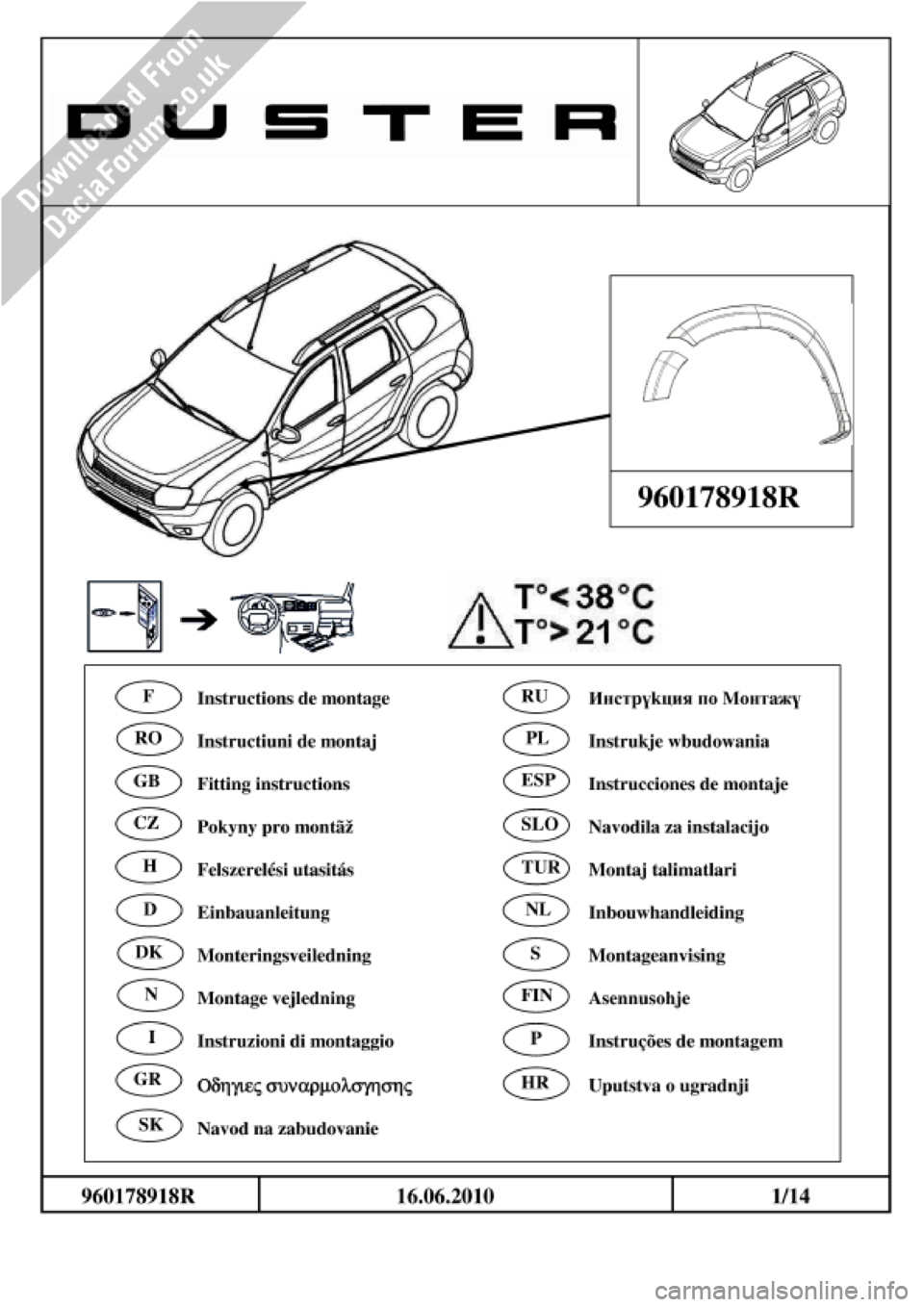 DACIA DUSTER 2010 1.G Wheelarch Mouldings Fitting Guide Workshop Manual 
