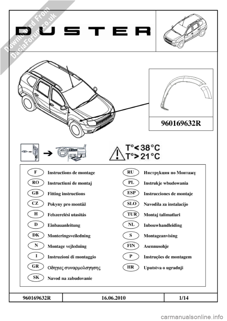 DACIA DUSTER 2010 1.G Wheelarch Mouldings Fitting Guide User Guide 