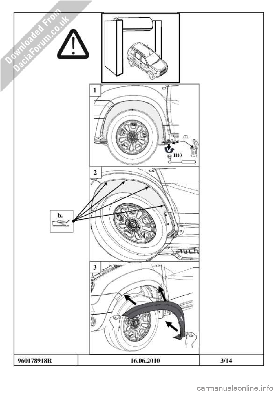 DACIA DUSTER 2010 1.G Wheelarch Mouldings Fitting Guide Workshop Manual 