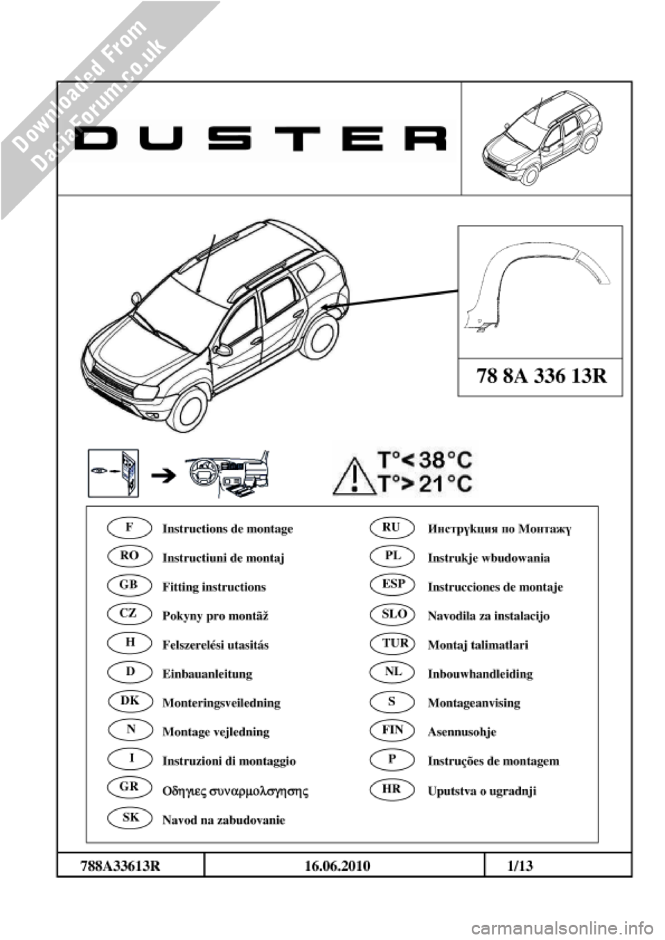 DACIA DUSTER 2010 1.G Wheelarch Mouldings Fitting Guide Owners Manual 