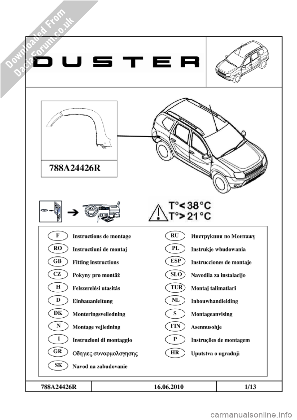 DACIA DUSTER 2010 1.G Wheelarch Mouldings Fitting Guide Owners Guide 