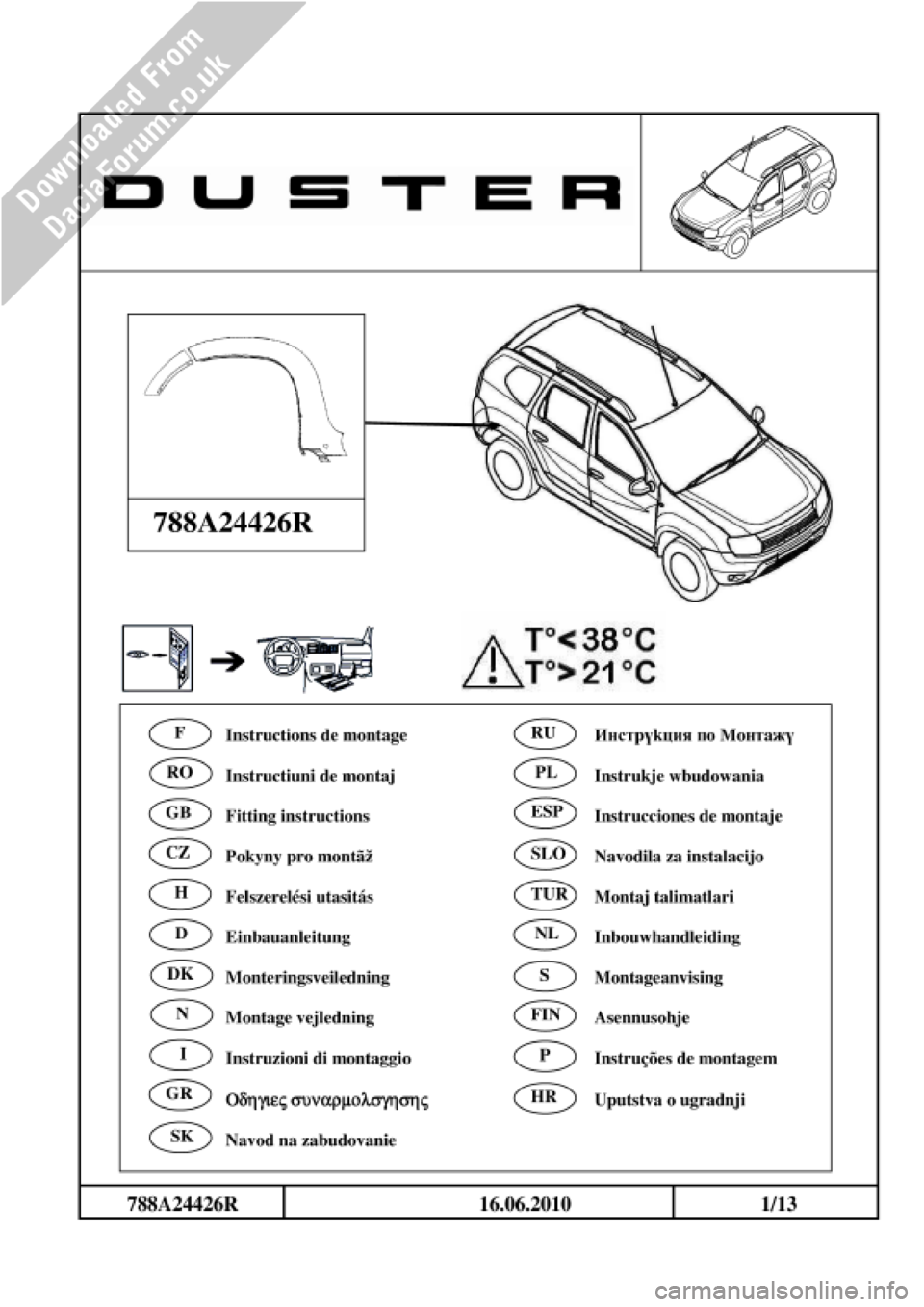 DACIA DUSTER 2010 1.G Wheelarch Mouldings Fitting Guide Owners Guide DACIA DUSTER 2010 1.G Wheelarch Mouldings Fitting Guide Owners Guide