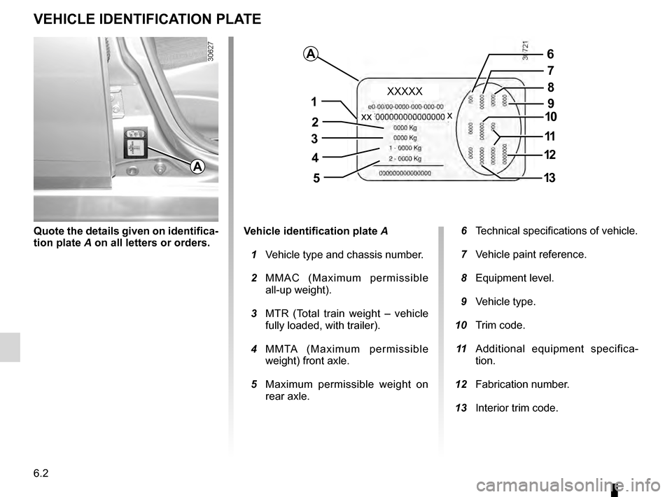 DACIA DUSTER 2012 1.G Owners Manual technical specifications ......................... (up to the end of the DU)
vehicle identification  ............................. (up to the end of the DU)
vehicle identification plates  ............